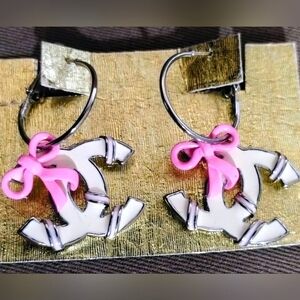 Cute "CC" Logo Earrings ~ White Enamel With Pink Bows for Pierced Ears